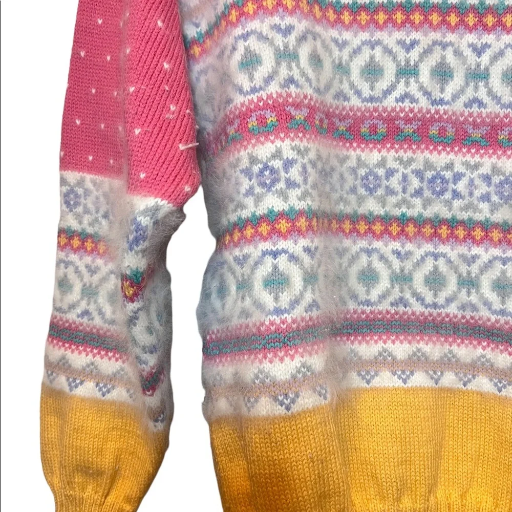 Vintage Marceau Wool Angora Fair‎ Isle Sweater Fuzzy Pink Mustard Cottagecore